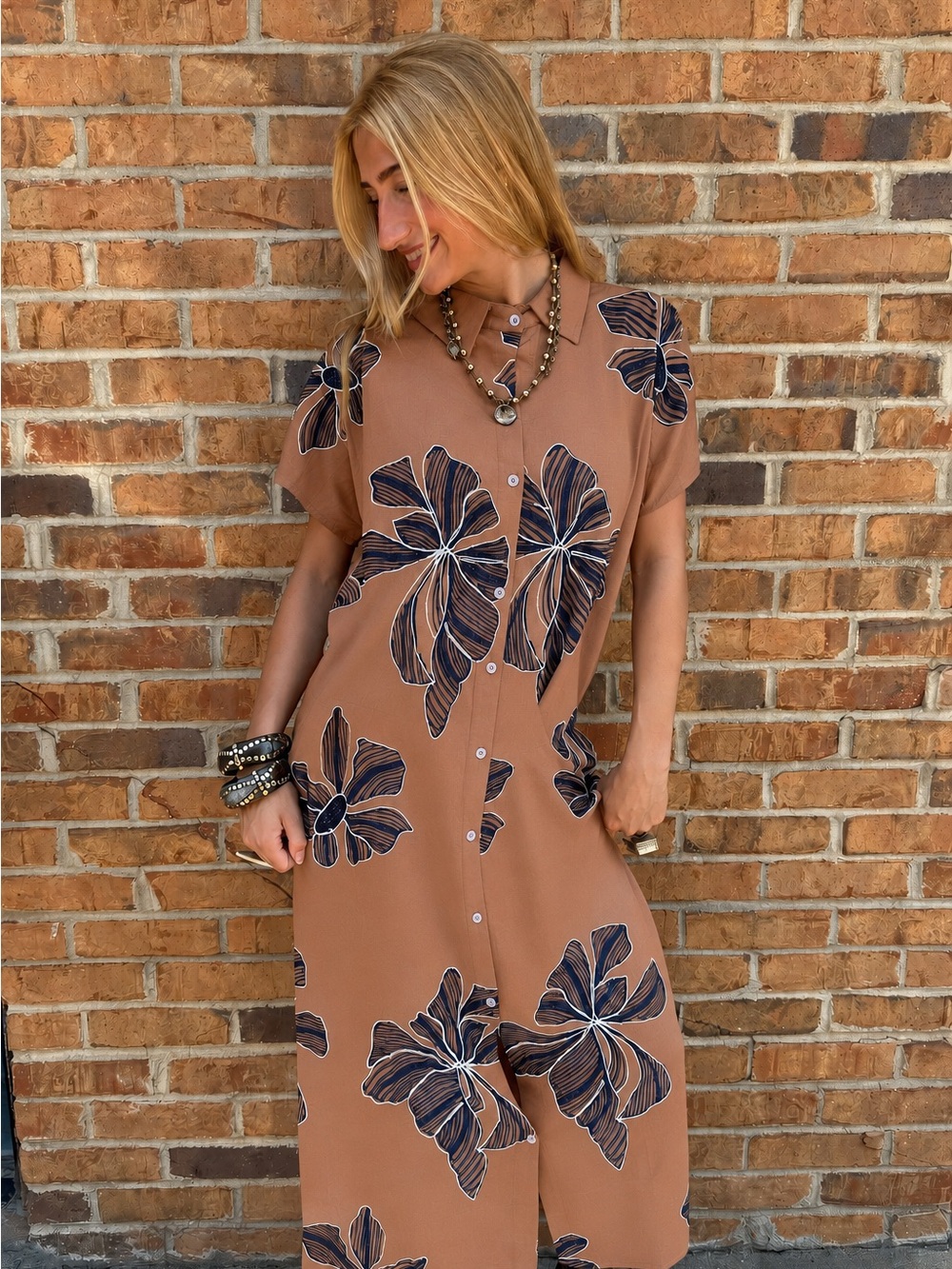 NWT Chica Luv Rust Navy Floral Embroidered Button-Front Maxi Dress OS